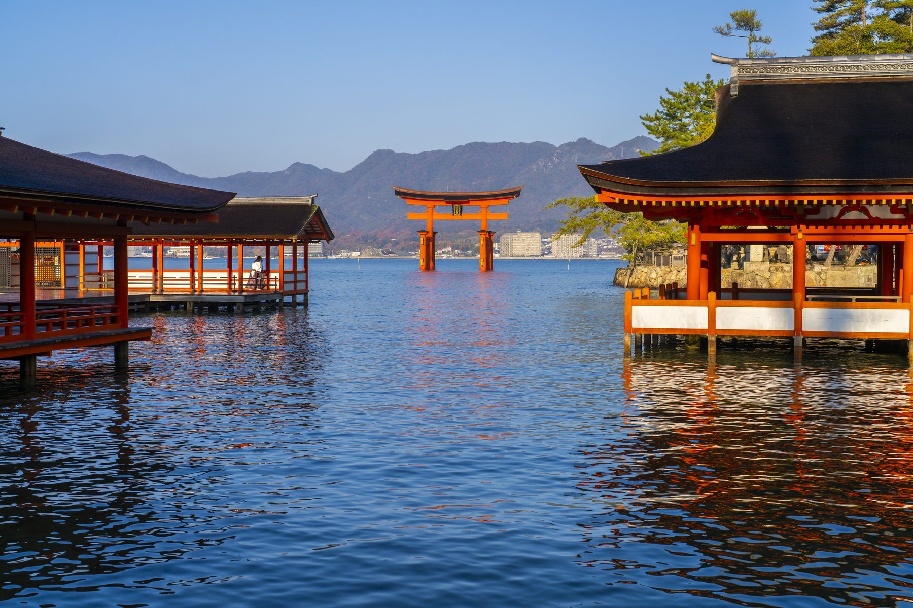 The floating torii gate of Itsukushima Shrine at sea level
