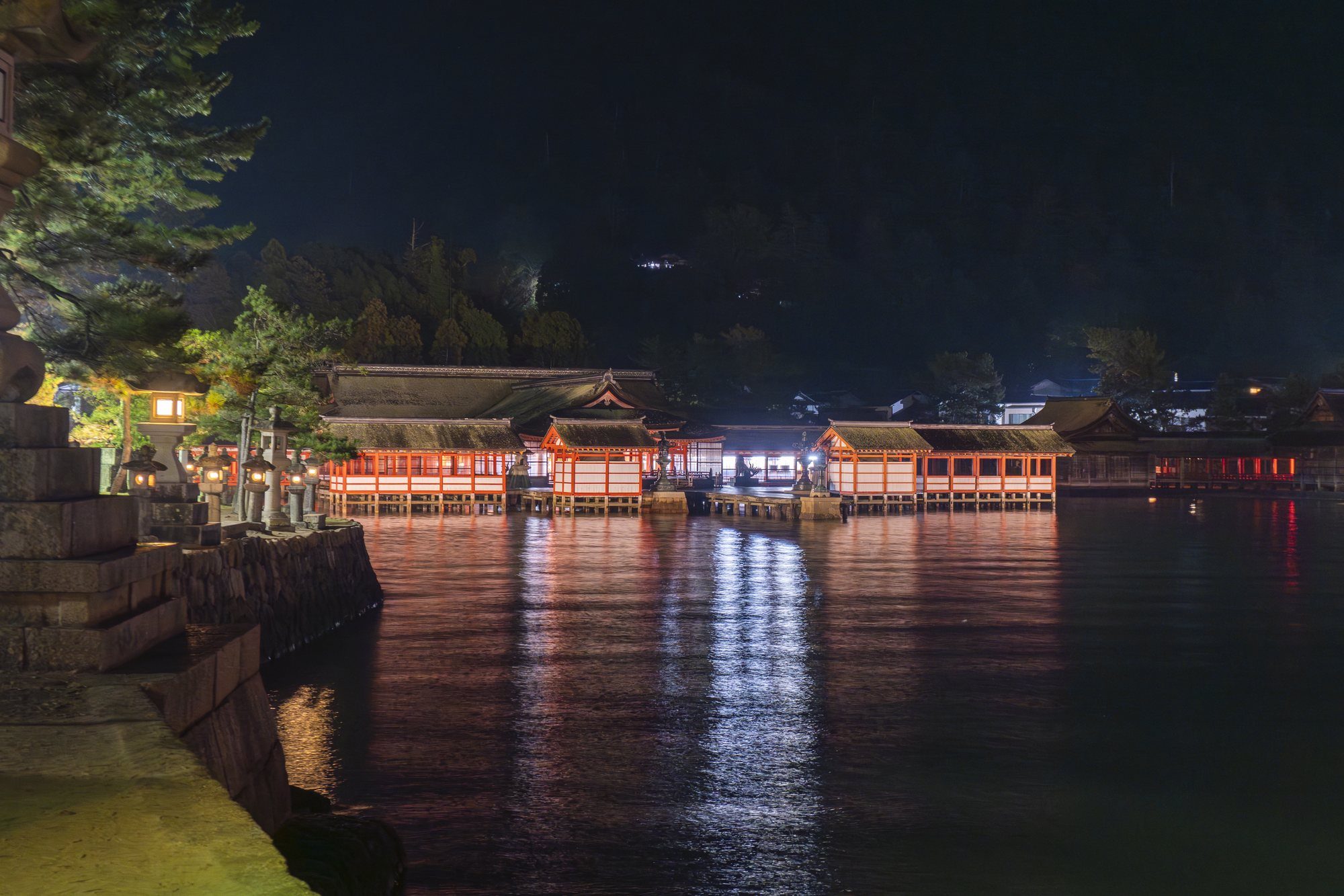 夜、石灯籠の列と朱に灯る社殿